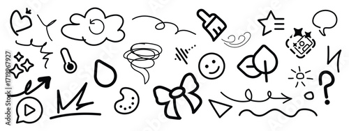 Hand drawn doodle vector set. Marketing doodle vector set. Simple sketch outline office planning icons. Drawing element silhouette. Doodle vector illustration.