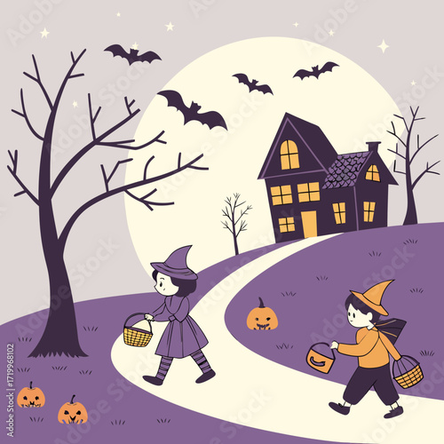 Trick-or-Treat Halloween Vector – Kids in Costumes, Candy, and Haunted House Scene