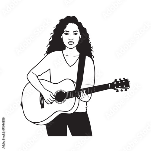 Black and white line art of a cool woman playing guitar in casual outfit minimalist stylish illustration
