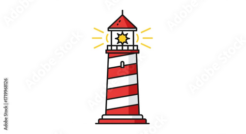 A red and white lighthouse, a beacon of hope and guidance, standing tall against the vastness of the sea, a symbol of safety
