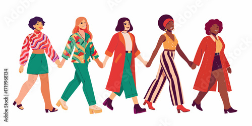 Diverse group of women holding hands and walking together in a line celebrating unity and friendship