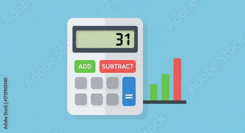 Calculator with a simple display showing the number 31, accompanied by a bar graph, , in a flat design style