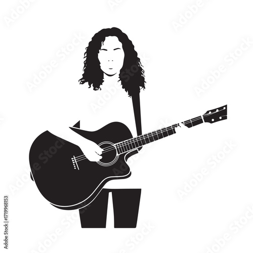 Black and white line art of a cool woman playing guitar in casual outfit minimalist stylish illustration