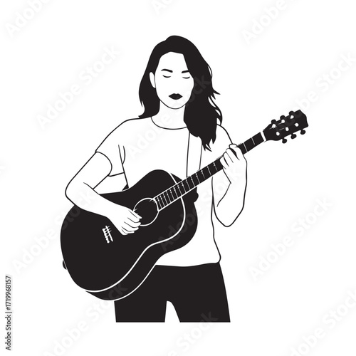 Black and white line art of a cool woman playing guitar in casual outfit minimalist stylish illustration
