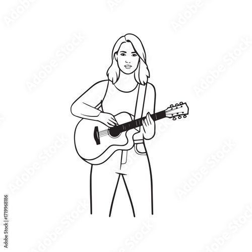 Black and white line art of a cool woman playing guitar in casual outfit minimalist stylish illustration