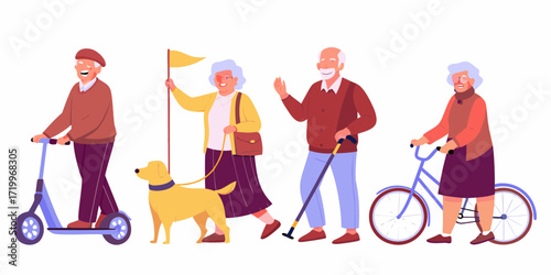 Diverse group of active elderly people enjoying outdoor activities with scooters bicycles and a dog