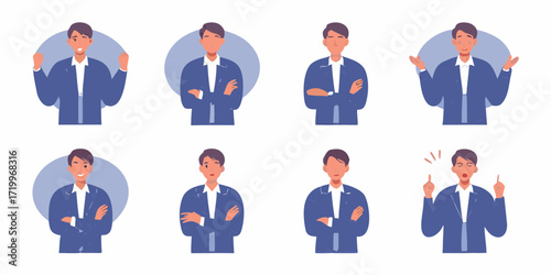 Collection of business man expressions and gestures in a modern flat illustration style
