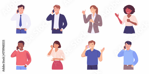 Diverse group of people in business casual attire talking on their mobile phones and smiling