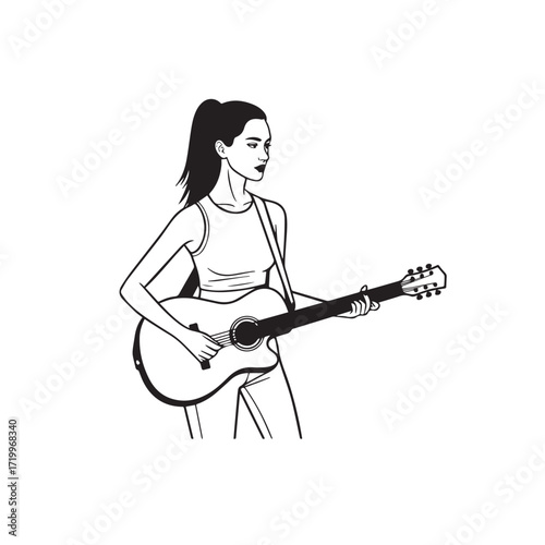 Black and white line art of a cool woman playing guitar in casual outfit minimalist stylish illustration