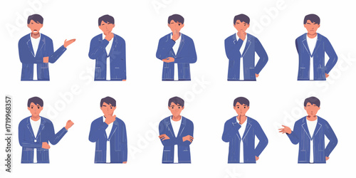 Collection of cartoon business man expressions and gestures in a blue suit on a white background