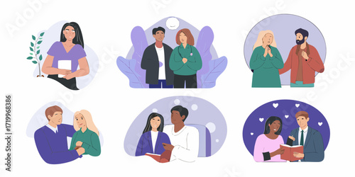 Diverse couples and individuals in various romantic and professional settings illustrated together