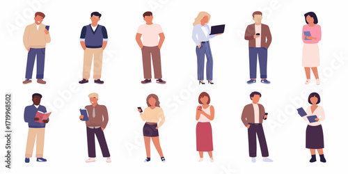 Diverse group of people standing and holding devices and books on a white background