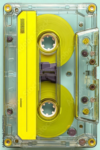 Gelbes Retro-Kassettenband in transparentem Geh?use mit farbigem Neon-Effekt
