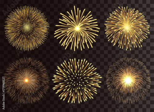 Bright golden fireworks burst in night sky vector illustration
