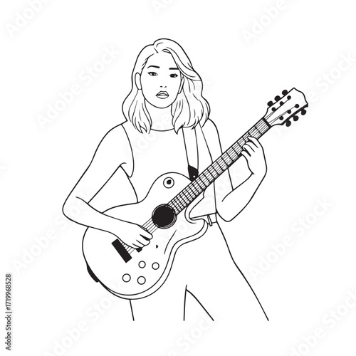 Black and white line art of a cool woman playing guitar in casual outfit minimalist stylish illustration
