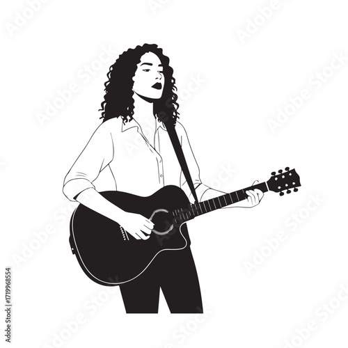 Black and white line art of a cool woman playing guitar in casual outfit minimalist stylish illustration