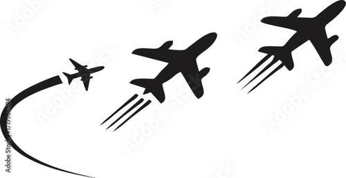 Airplane silhouettes with flight trails, black aircraft icons showing travel, aviation, airline transport, air journey and departure concept, vector illustration isolated on white background