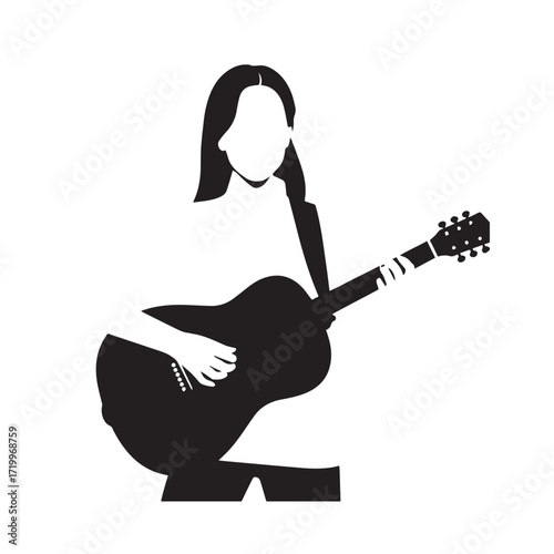 Black and white line art of a cool woman playing guitar in casual outfit minimalist stylish illustration