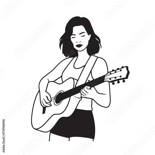 Black and white line art of a cool woman playing guitar in casual outfit minimalist stylish illustration
