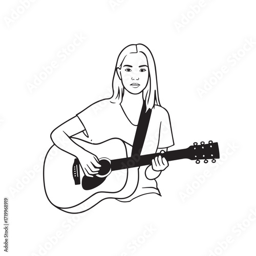 Black and white line art of a cool woman playing guitar in casual outfit minimalist stylish illustration