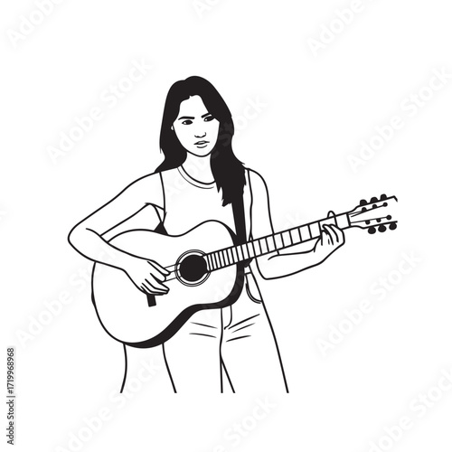 Black and white line art of a cool woman playing guitar in casual outfit minimalist stylish illustration