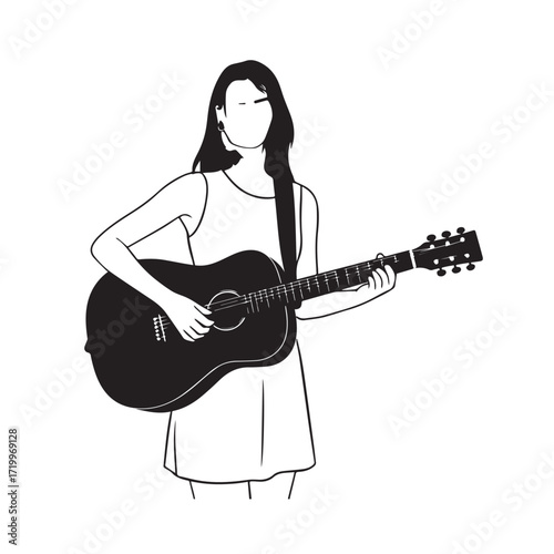 Black and white line art of a cool woman playing guitar in casual outfit minimalist stylish illustration