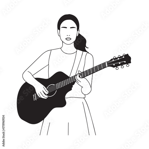 Black and white line art of a cool woman playing guitar in casual outfit minimalist stylish illustration