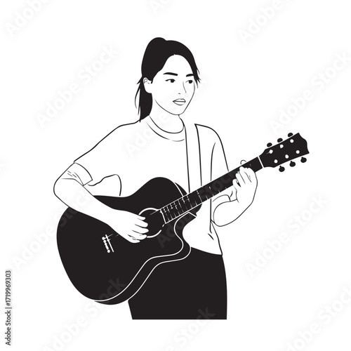 Black and white line art of a cool woman playing guitar in casual outfit minimalist stylish illustration