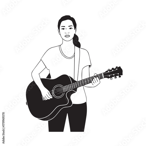 Black and white line art of a cool woman playing guitar in casual outfit minimalist stylish illustration