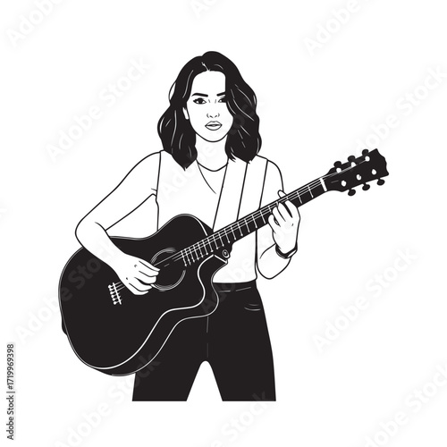 Black and white line art of a cool woman playing guitar in casual outfit minimalist stylish illustration