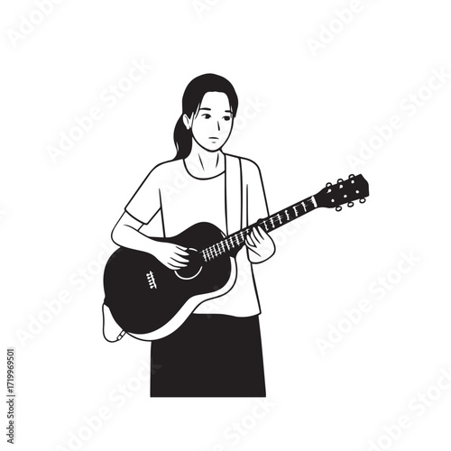 Black and white line art of a cool woman playing guitar in casual outfit minimalist stylish illustration