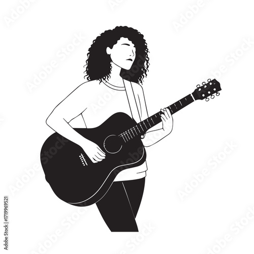 Black and white line art of a cool woman playing guitar in casual outfit minimalist stylish illustration