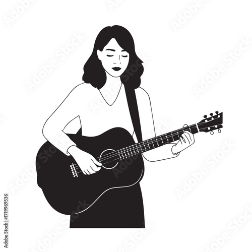 Black and white line art of a cool woman playing guitar in casual outfit minimalist stylish illustration