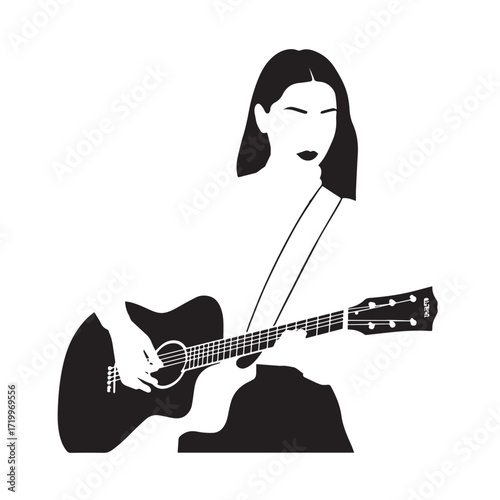 Black and white line art of a cool woman playing guitar in casual outfit minimalist stylish illustration