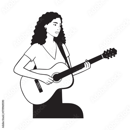 Black and white line art of a cool woman playing guitar in casual outfit minimalist stylish illustration