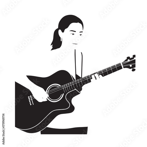 Black and white line art of a cool woman playing guitar in casual outfit minimalist stylish illustration