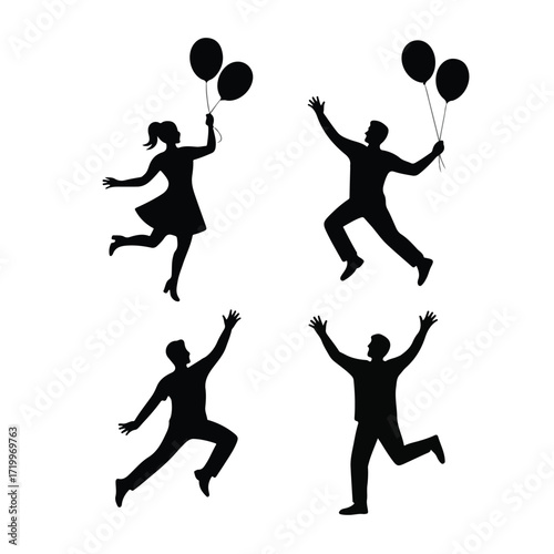 Silhouettes of people jumping and holding balloons