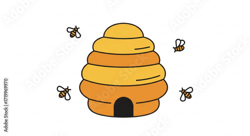 A charming beehive stands tall amidst a flurry of buzzing bees, , creating a delightful scene of natures sweet harmony