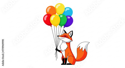 A charming fox joyfully holds a vibrant bunch of rainbow balloons, , creating a whimsical and cheerful scene full of happiness