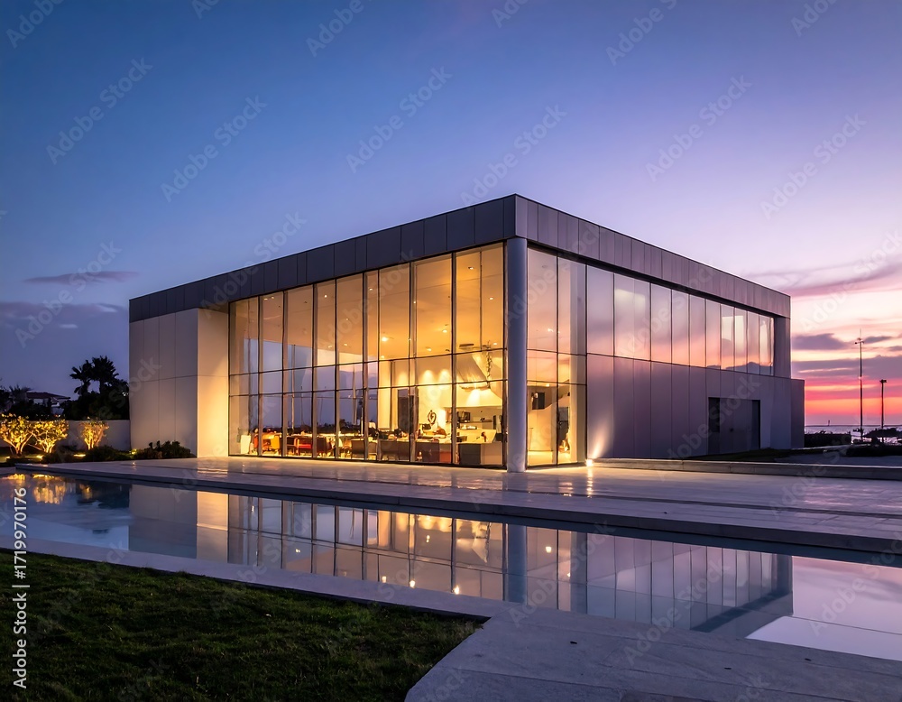 Fototapeta premium Modern architectural home at dusk