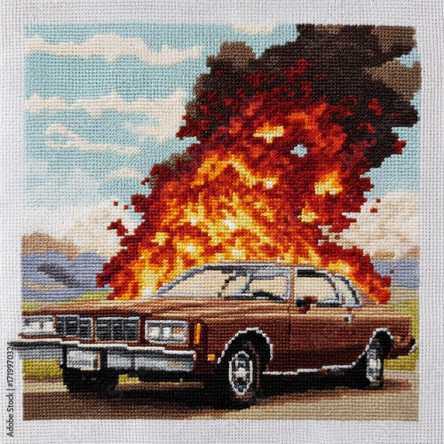 Ein handgemachter, pixeliger Autoschadens-Stickerei-Kunst mit Explosions-Effekt