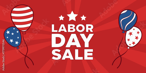 Create a vibrant Labor Day Sale banner. Use a bold red background with starburst or radial light effects. Include the text 'LABOR DAY SALE' in large, bold white letters at the center. Surround the tex