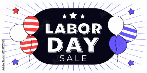 Create a vibrant Labor Day Sale banner. Use a bold red background with starburst or radial light effects. Include the text 'LABOR DAY SALE' in large, bold white letters at the center. Surround the tex