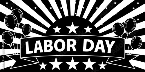 Create a vibrant Labor Day Sale banner. Use a bold red background with starburst or radial light effects. Include the text 'LABOR DAY SALE' in large, bold white letters at the center. Surround the tex