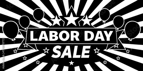 Create a vibrant Labor Day Sale banner. Use a bold red background with starburst or radial light effects. Include the text 'LABOR DAY SALE' in large, bold white letters at the center. Surround the tex