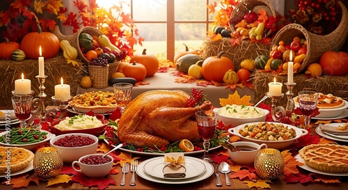 A lavish Thanksgiving feast showcasing a golden turkey, accompanied by harvest vegetables and autumn foliage adorn the