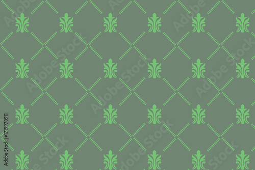 Subtle green geometric trellis pattern with repeating floral motifs on a muted background