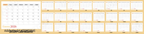 Template of 2026 Spanish Calendar with A4 and letter format size.week start on Sunday.Sunday as weekend.Desk calendar 2026 on landscape or Horizontal design.