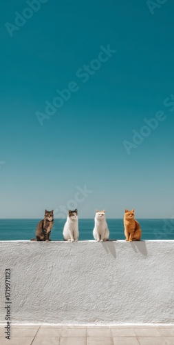 Vier charmante Katzen auf einer sonnigen Mauer mit blauem Himmel und Meerblick