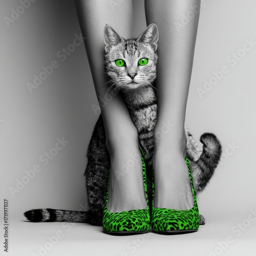 Katze zwischen eleganten Beinen, gr?ne Augen und Schuhe. Stilvolles Haustier-Portr?t